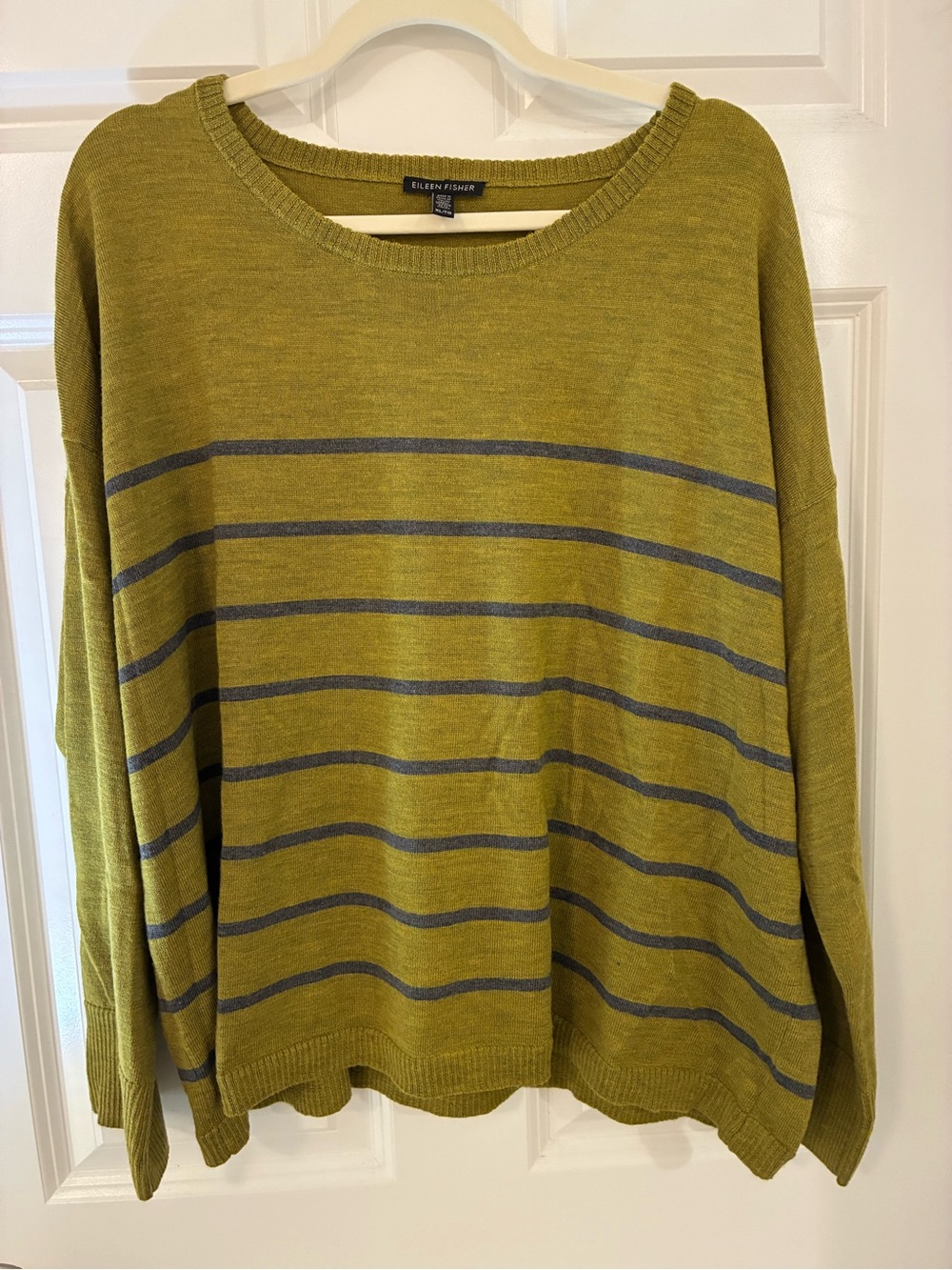 Eileen Fisher Peridot Green Striped Merino Wool Sweater XL